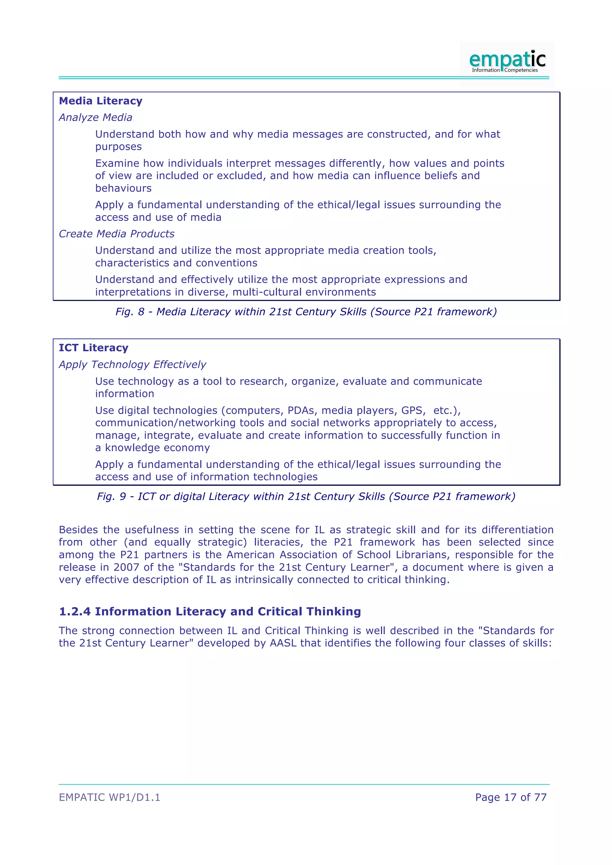 Media Literacy
Analyze Media
       Understand both how and why media messages are constructed, and for what
       purposes
       Examine how individuals interpret messages differently, how values and points
       of view are included or excluded, and how media can influence beliefs and
       behaviours
       Apply a fundamental understanding of the ethical/legal issues surrounding the
       access and use of media
Create Media Products
       Understand and utilize the most appropriate media creation tools,
       characteristics and conventions
       Understand and effectively utilize the most appropriate expressions and
       interpretations in diverse, multi-cultural environments
           Fig. 8 - Media Literacy within 21st Century Skills (Source P21 framework)


ICT Literacy
Apply Technology Effectively
       Use technology as a tool to research, organize, evaluate and communicate
       information
       Use digital technologies (computers, PDAs, media players, GPS, etc.),
       communication/networking tools and social networks appropriately to access,
       manage, integrate, evaluate and create information to successfully function in
       a knowledge economy
       Apply a fundamental understanding of the ethical/legal issues surrounding the
       access and use of information technologies
       Fig. 9 - ICT or digital Literacy within 21st Century Skills (Source P21 framework)


Besides the usefulness in setting the scene for IL as strategic skill and for its differentiation
from other (and equally strategic) literacies, the P21 framework has been selected since
among the P21 partners is the American Association of School Librarians, responsible for the
release in 2007 of the "Standards for the 21st Century Learner", a document where is given a
very effective description of IL as intrinsically connected to critical thinking.


1.2.4 Information Literacy and Critical Thinking
The strong connection between IL and Critical Thinking is well described in the "Standards for
the 21st Century Learner" developed by AASL that identifies the following four classes of skills:




EMPATIC WP1/D1.1                                                                 Page 17 of 77
 