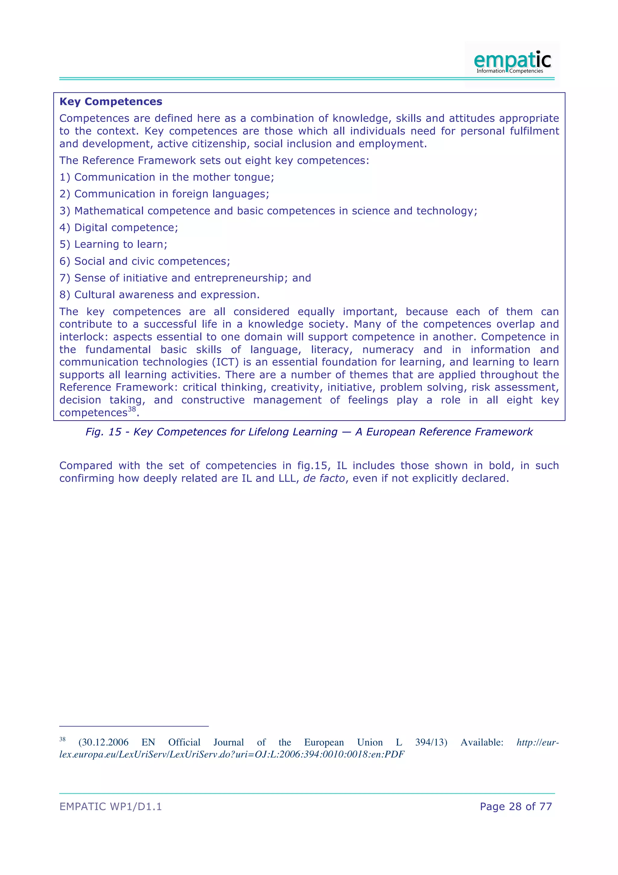 Key Competences
Competences are defined here as a combination of knowledge, skills and attitudes appropriate
to the context. Key competences are those which all individuals need for personal fulfilment
and development, active citizenship, social inclusion and employment.
The Reference Framework sets out eight key competences:
1) Communication in the mother tongue;
2) Communication in foreign languages;
3) Mathematical competence and basic competences in science and technology;
4) Digital competence;
5) Learning to learn;
6) Social and civic competences;
7) Sense of initiative and entrepreneurship; and
8) Cultural awareness and expression.
The key competences are all considered equally important, because each of them can
contribute to a successful life in a knowledge society. Many of the competences overlap and
interlock: aspects essential to one domain will support competence in another. Competence in
the fundamental basic skills of language, literacy, numeracy and in information and
communication technologies (ICT) is an essential foundation for learning, and learning to learn
supports all learning activities. There are a number of themes that are applied throughout the
Reference Framework: critical thinking, creativity, initiative, problem solving, risk assessment,
decision taking, and constructive management of feelings play a role in all eight key
competences38.
     Fig. 15 - Key Competences for Lifelong Learning — A European Reference Framework


Compared with the set of competencies in fig.15, IL includes those shown in bold, in such
confirming how deeply related are IL and LLL, de facto, even if not explicitly declared.




38
     (30.12.2006 EN Official Journal of the European Union L                394/13)   Available:   http://eur-
lex.europa.eu/LexUriServ/LexUriServ.do?uri=OJ:L:2006:394:0010:0018:en:PDF




EMPATIC WP1/D1.1                                                                          Page 28 of 77
 