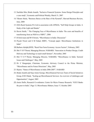 13. Nachiket Mor, Bindu Ananth, “Inclusive Financial Systems- Some Design Principles and
a case study”, Economic and Political Weekly, March 31, 2007
14. Vikram Akula, “Business Basics at the Base of the Pyramid”, Harvard Business Review,
June, 2008
15. EDA Rural Syatems Pvt Ltd in association with APMAS, “Self Help Groups in India- A
Study of the Light and Shades”
16. Raven Smith, “ The Changing Face of Microfinance in India- The costs and benefits of
transforming from an NGO to a NBFC”, 2006
17. R Srinivasan and M S Sriram, “Microfinance in India- Discussion”
18. Piyush Tiwari and S M Fahad, HDFC, “Concept paper- Microfinance Institutions in
India”
19.Barbara Adolph,DFID, “Rural Non Farm Economy: Access Factors”, February, 2003
20. Shri Y S P Thorat, Managing Director, NABARD, “Innovation in Product Design, Credit
Delivery and Technology to reach small farmers”, November, 2005
21. Shri Y S P Thorat, Managing Director, NABARD, “Microfinance in India: Sectoral
Issues and Challenges”, May, 2005
22. Dr. C Rangarajan, Chairman, Economic Advisory Council to the Prime Minister,
“Microfinance and its Future Directions”, May, 2005
23. Report, “Status of Microfinance in India 2006-2007”, NABARD
24. Bindu Ananth and Soju Annie George, Microfinancial Services Team of Social Initiatives
Group, ICICI Bank, “Scaling up Microfinancial Services: An overview of challenges and
Opportunities”, August, 2003
25.Annie Duflo, Research Co-ordinator, Centre for Micro Finance Research, “ICICI Banks
the poor in India”, Page 13, Microfinance Matters, Issue 17, October 2005
55
 