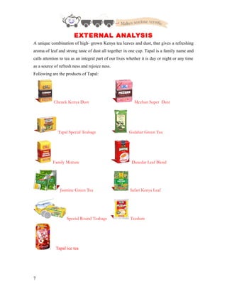 EXTERNAL ANALYSIS
A unique combination of high- grown Kenya tea leaves and dust, that gives a refreshing
aroma of leaf and strong taste of dust all together in one cup. Tapal is a family name and
calls attention to tea as an integral part of our lives whether it is day or night or any time
as a source of refresh ness and rejoice ness.
Following are the products of Tapal:
Chenek Kenya Dust Mezban Super Dust
Tapal Special Teabags Gulahar Green Tea
Family Mixture Danedar Leaf Blend
Jasmine Green Tea Safari Kenya Leaf
Special Round Teabags Tezdum
Tapal ice tea
7
 