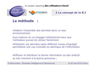 2 Le concept de la B.I


       La méthode :

       •Fédérer l’ensemble des données dans un seul
       environnement.
       •Les traduire en un langage institutionnel pour que
       l’utilisateur puisse les utiliser facilement.
       •Présenter ces données selon différent niveau d’agrégat
       permettant une vue cumulée ou atomique de l’information


       •Diffuser et distribuer la bonne information au bon endroit
       au bon moment à la bonne personne..
                                                          MyReport, la solution reporting des utilisateurs Excel
E-Rencontres : Business intelligence et Décisionnel
  Dernière mise à jour : Janvier 2010
                                                                        le 20 mai 2010 à Pau
 