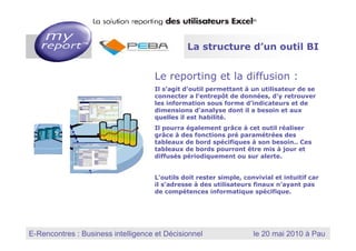 3 La structure d’un outil BI


                                        Le reporting et la diffusion :
                                        Il s’agit d’outil permettant à un utilisateur de se
                                        connecter a l’entrepôt de données, d’y retrouver
                                        les information sous forme d’indicateurs et de
                                        dimensions d’analyse dont il a besoin et aux
                                        quelles il est habilité.
                                        Il pourra également grâce à cet outil réaliser
                                        grâce à des fonctions pré paramétrées des
                                        tableaux de bord spécifiques à son besoin.. Ces
                                        tableaux de bords pourront être mis à jour et
                                        diffusés périodiquement ou sur alerte.


                                        L’outils doit rester simple, convivial et intuitif car
                                        il s’adresse à des utilisateurs finaux n’ayant pas
                                        de compétences informatique spécifique.




                                                                MyReport, la solution reporting des utilisateurs Excel
E-Rencontres : Business intelligence et Décisionnel
  Dernière mise à jour : Janvier 2010
                                                                              le 20 mai 2010 à Pau
 