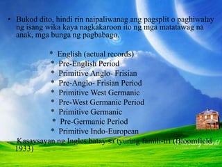 • Bukod dito, hindi rin naipaliwanag ang pagsplit o paghiwalay
ng isang wika kaya nagkakaroon ito ng mga matatawag na
anak, mga bunga ng pagbabago.
* English (actual records)
* Pre-English Period
* Primitive Anglo- Frisian
* Pre-Anglo- Frisian Period
* Primitive West Germanic
* Pre-West Germanic Period
* Primitive Germanic
* Pre-Germanic Period
* Primitive Indo-European
Kasaysayan ng Ingles batay sa tyuring famili-tri (Bloomfield
1933)
 