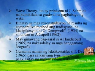 Wave Theory- ito ay prinisena ni J. Schmidt
na kumikilala sa gradwal na pagbabago ng
wika.
 Binatay sa mga rekonstruksyon na resulta ng
comparative method ang tradisyunal na
klasipikesyon ni O. Dempwolff (1934) na
sinundan ni A Capell (1962).
 May ginawang pag-aaral si A Haudicourt
(1965) na nakasalalay sa mga hangganang
Jeografik.
 Gumamit naman ng leksikostatiks si I. Dyen
(1965) para sa kanyang tyuri tungkol sa
pagklasifay ng mga nasabing wika.
 