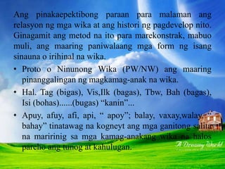 ANG KOMPARATIV-METOD
Ang pinakaepektibong paraan para malaman ang
relasyon ng mga wika at ang histori ng pagdevelop nito.
Ginagamit ang metod na ito para marekonstrak, mabuo
muli, ang maaring paniwalaang mga form ng isang
sinauna o irihinal na wika.
• Proto o Ninunong Wika (PW/NW) ang maaring
pinanggalingan ng magkamag-anak na wika.
• Hal. Tag (bigas), Vis,Ilk (bagas), Tbw, Bah (bagas),
Isi (bohas)......(bugas) “kanin”...
• Apuy, afuy, afi, api, “ apoy”; balay, vaxay,walay, “
bahay” tinatawag na kogneyt ang mga ganitong salita
na maririnig sa mga kamag-anakang wika na halos
pareho ang tunog at kahulugan.
 