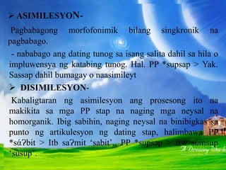  ASIMILESYON-
Pagbabagong morfofonimik bilang singkronik na
pagbabago.
- nababago ang dating tunog sa isang salita dahil sa hila o
impluwensya ng katabing tunog. Hal. PP *supsap > Yak.
Sassap dahil bumagay o naasimileyt
 DISIMILESYON-
Kabaligtaran ng asimilesyon ang prosesong ito na
makikita sa mga PP stap na naging mga neysal na
homorganik. Ibig sabihin, naging neysal na binibigkas sa
punto ng artikulesyon ng dating stap, halimbawa PP
*sάɁbit > Itb saɁmit ‘sabit’,, PP *supsəp > Itw súmsup
‘susup’.
 