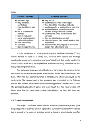 Table 1.
Teachers’ answers Students’ answers
➔ teachers’ age
➔ they don’t feel
comfortable
➔ they don’t like to take
risks
➔ no. of students and
classes
➔ lack of motivation
➔ some teachers prefer
traditional methods
➔ time consuming
➔ workload
➔ lack of proper training
➔ they are old
➔ teachers dislike new technologies
➔ they do not like innovative methods
➔ teachers prefer to use traditional methods
➔ teachers believe students are better
focused during traditional classes
➔ teachers are afraid it will increase their
workload
➔ they are afraid to lose control
➔ it takes time and they usually work as little
as possible
➔ it's more difficult to prepare an innovative
lesson than a traditional one
In order to deconstruct some prejudice against the idea that using ICT and
mobile devices in class is a knotty task, teachers from Estonia and Portugal
developed a workshop to present several apps/ digital tools that can be used in the
classroom and which are quite simple to use, not time consuming for the teacher and
highly motivating for students.
The first presentation was about Padlet and Kahoot and the participants had
the chance to see how Padlet works, they edited a Padlet which was shared with
them. After that, the teacher launched a Kahoot game which was played by the
participants. The second part of the workshop was conducted by the Estonian
teacher who showed a PREZI with some different apps/ tools – Plickers and Quizizz.
The participants played both games and even though they had never worked with
these apps, teachers were quite excited and willing to try them with their own
students.
1.3. Project management
The project coordinator, who is also an expert on project management, gave
the participants an overview of what a project is. European Council definition states
that a project is “a series of activities aimed at bringing about clearly specified
8
 