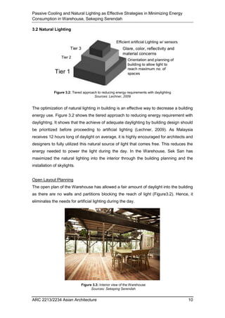 Passive Cooling and Natural Lighting as Effective Strategies in Minimizing Energy
Consumption in Warehouse, Sekeping Serendah
ARC 2213/2234 Asian Architecture 10
3.2 Natural Lighting
The optimization of natural lighting in building is an effective way to decrease a building
energy use. Figure 3.2 shows the tiered approach to reducing energy requirement with
daylighting. It shows that the achieve of adequate daylighting by building design should
be prioritized before proceeding to artificial lighting (Lechner, 2009). As Malaysia
receives 12 hours long of daylight on average, it is highly encouraged for architects and
designers to fully utilized this natural source of light that comes free. This reduces the
energy needed to power the light during the day. In the Warehouse, Sek San has
maximized the natural lighting into the interior through the building planning and the
installation of skylights.
Open Layout Planning
The open plan of the Warehouse has allowed a fair amount of daylight into the building
as there are no walls and partitions blocking the reach of light (Figure3.2). Hence, it
eliminates the needs for artificial lighting during the day.
Figure 3.3: Interior view of the Warehouse
Sources: Sekeping Serendah
Figure 3.2: Tiered approach to reducing energy requirements with daylighting
Sources: Lechner, 2009
 