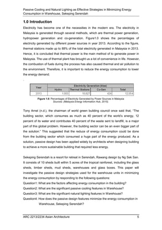 Passive Cooling and Natural Lighting as Effective Strategies in Minimizing Energy
Consumption in Warehouse, Sekeping Serendah
ARC 2213/2234 Asian Architecture 5
1.0 Introduction
Electricity has become one of the necessities in the modern era. The electricity in
Malaysia is generated through several methods, which are thermal power generation,
hydropower generation and co-generation. Figure1.0 shows the percentages of
electricity generated by different power sources in year 2013. According to the figure,
thermal stations made up to 88% of the total electricity generated in Malaysia in 2013.
Hence, it is concluded that thermal power is the main method of to generate power in
Malaysia. The use of thermal plant has brought us a lot of convenience in life. However,
the combustion of fuels during the process has also caused thermal and air pollution to
the environment. Therefore, it is important to reduce the energy consumption to lower
the energy demand.
.
Tony Arnel (n.d.), the chairman of world green building council once said that, “The
building sector, which consumes as much as 40 percent of the world’s energy, 12
percent of its water and contributes 40 percent of the waste sent to landfill, is a major
part of this global problem. However, the building sector can be an even bigger part of
the solution.” This suggested that the reduce of energy consumption could be done
from the building sector which consumed a huge part of the energy produced. As a
solution, passive design has been applied widely by architects when designing building
to achieve a more sustainable building that required less energy.
Sekeping Serendah is a resort for retreat in Serendah, Rawang design by Ng Sek San.
It consists of 10 sheds built within 5 acres of the tropical rainforest, including the glass
sheds, timber sheds, mud sheds, warehouses and glass boxes. This paper will
investigate the passive design strategies used for the warehouse units in minimizing
the energy consumption by responding to the following questions:
Question1: What are the factors affecting energy consumption in the building?
Question2: What are the significant passive cooling features in Warehouse?
Question3: What are the significant natural lighting features in Warehouse?
Question4: How does the passive design features minimize the energy consumption in
Warehouse, Sekeping Serendah?
Figure 1.0: Percentages of Electricity Generated by Power Sources in Malaysia
Sources: (Malaysia Energy Information Hub, 2015).
 