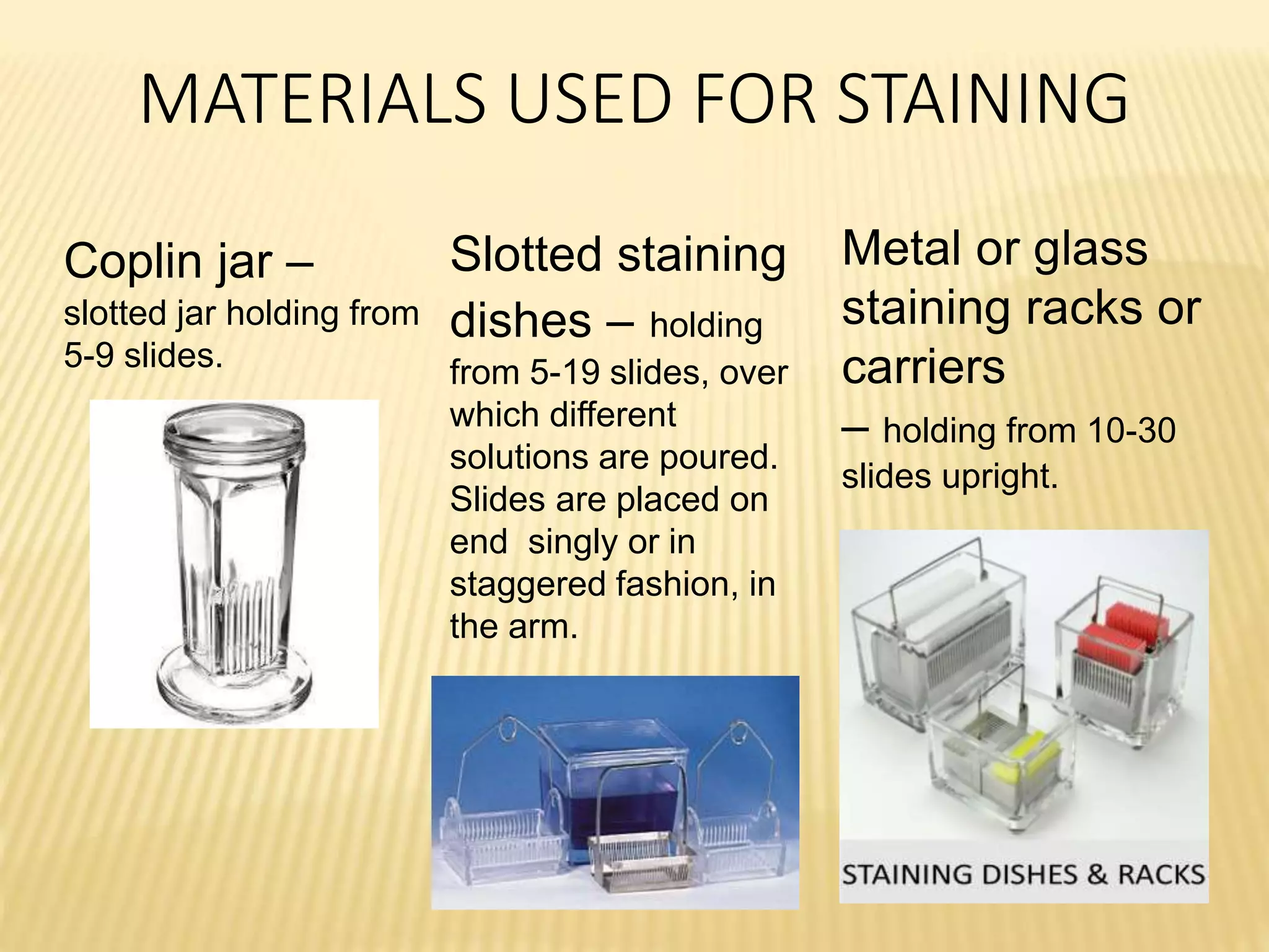 MATERIALS USED FOR STAINING
Coplin jar –
slotted jar holding from
5-9 slides.
Slotted staining
dishes – holding
from 5-19 slides, over
which different
solutions are poured.
Slides are placed on
end singly or in
staggered fashion, in
the arm.
Metal or glass
staining racks or
carriers
– holding from 10-30
slides upright.
 