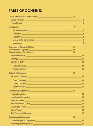 3
TABLE OF CONTENTS
Group Members and Project Topic __________________________________5
Group Members ________________________________________________________5
Project Topic __________________________________________________________5
Introduction ____________________________________________________7
Perfect Competition ___________________________________________________8
Monopoly ___________________________________________________________8
Oligopoly____________________________________________________________8
Monopolistic Competition _______________________________________________8
Monopsony __________________________________________________________8
Examples of Oligopoly Market _____________________________________11
Identifying an Oligopoly __________________________________________13
Characteristics of an Oligopoly ____________________________________15
Interdependence ______________________________________________________15
Strategy _____________________________________________________________15
Barriers to Entry _______________________________________________________16
Natural Barriers______________________________________________________17
Artificial Barriers _____________________________________________________17
Collusive Oligopolies ____________________________________________19
Types of Collusions ____________________________________________________19
Overt Collusion ______________________________________________________19
Covert Collusion _____________________________________________________19
Tacit Collusion ______________________________________________________19
Competitive Oligopolies__________________________________________21
Pricing Strategies ______________________________________________________21
Non-Pricing Strategies __________________________________________________21
Price Stickiness _______________________________________________________22
Kinked Demand Curve __________________________________________________22
Maximizing Profits _____________________________________________________23
Game Theory _________________________________________________________23
The Prisoner’s Dilemma_________________________________________________23
Evaluation of Oligopolies _________________________________________25
Disadvantages of Oligopolies_____________________________________________25
Advantages of Oligopolies _______________________________________________25
 
