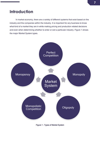 7
Introduction
In market economy, there are a variety of different systems that exist based on the
industry and the companies within the industry. It is important for any business to know
what kind of a market they are in while making pricing and production related decisions
and even when determining whether to enter or exit a particular industry. Figure 1 shows
the major Market System types.
Figure 1 – Types of Market System
Market
System
Perfect
Competition
Monopoly
Oligopoly
Monopolistic
Competition
Monopsnoy
 