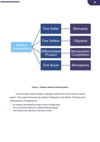 9
Figure 2 – Relation between Market Systems
Out of all these market systems, oligopoly market is the most common market
system. This project discusses the working of Oligopoly in the Market. The three main
characteristics of Oligopoly are: -
 An industry dominated by small number of large firms
 Firms sell either identical or differentiated products
 The industry has significant barriers to entry
Perfect
Competition
One Seller Monopoly
Few Sellers Oligopoly
Differentiated
Product
Monopolistic
Competition
One Buyer Monopsony
 