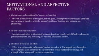 MOTIVATIONAL AND AFFECTIVE
FACTORS
7. Motivational and emotional influences on learning
• the rich internal world of thoug...