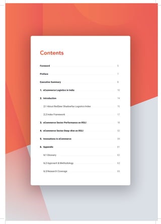 Contents
Foreword
Preface
Executive Summary
1. eCommerce Logistics in India
2. Introduction
2.1 About RedSeer Shadowfax Logistics Index
2.2 Index Framework
3. eCommerce Sector Performance on RSLI
4. eCommerce Sector Deep-dive on RSLI
5. Innovations in eCommerce
6. Appendix
6.1 Glossary
6.2 Approach & Methodology
6.3 Research Coverage
5
7
8
10
14
15
17
18
32
59
61
62
63
65
 