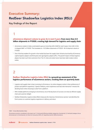 Executive Summary:
RedSeer Shadowfax Logistics Index (RSLI)
1
GMV – Gross Merchandise Value
2
Ecommerce sectors considered in the report are 1). Horizontal (offering multiple categories of products), 2). Verticals (category focus
eCommerce), 3). Omnichannel, 4). Direct-to-Consumer (D2C), 5). Hyperlocal and 6). B2B eCommerce
Key findings of the Report
eCommerce shipment volume to grow 4x in next 5 years from more than 2.5
billion shipments in FY2020, creating high demand for logistics and supply chain
•	 eCommerce market in India is estimated to grow at more than 40% CAGR for next 5 years, from USD~32 Bn
in shipped GMV1
in FY2020. This translates to ~10.5 billion shipments in FY2025 - 4X of shipment volume in
FY2020.
•	 One of the key enablers for growth in the market has been the supply chain infrastructure built by eCommerce
captive logistics players and third-party new age logistics players (3PL). The growth impact of these logistics
players has been such that customers from Tier-2+ cities and urban towns have been able to place orders
online.
1
RedSeer Shadowfax Logistics Index (RSLI) is a ground-up assessment of the
logistics performance of eCommerce sectors, tracking them on quarterly basis
•	 Logistics and supply chain is key to winning in eCommerce. As online shoppers evolve in their preferences of
product and platform experience, "speed of delivery, return experience and last-mile interaction" remains the
deciding factor when choosing to order from a platform.
•	 With multiple platforms emerging in eCommerce, one of the key levers of success is to have an efficient supply
chain and customer delight.
•	 RedSeer Shadowfax Logistics Index (RSLI) measures the maturity of eCommerce sectors2
and identifies the
front-runners on customer logistics experience in delivery and return.
2
8RedSeer Shadowfax Logistics Index - Quarter 2 - FY21
 