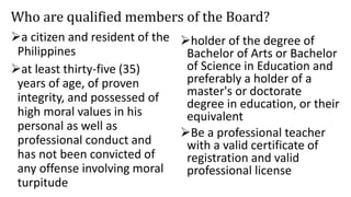 Who are qualified members of the Board?
a citizen and resident of the
Philippines
at least thirty-five (35)
years of age, of proven
integrity, and possessed of
high moral values in his
personal as well as
professional conduct and
has not been convicted of
any offense involving moral
turpitude
holder of the degree of
Bachelor of Arts or Bachelor
of Science in Education and
preferably a holder of a
master's or doctorate
degree in education, or their
equivalent
Be a professional teacher
with a valid certificate of
registration and valid
professional license
 