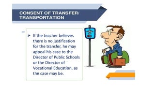  If the teacher believes
there is no justification
for the transfer, he may
appeal his case to the
Director of Public Schools
or the Director of
Vocational Education, as
the case may be.
 