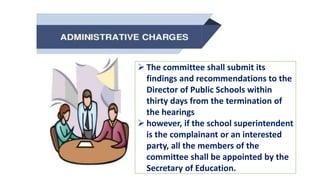  The committee shall submit its
findings and recommendations to the
Director of Public Schools within
thirty days from the termination of
the hearings
 however, if the school superintendent
is the complainant or an interested
party, all the members of the
committee shall be appointed by the
Secretary of Education.
 