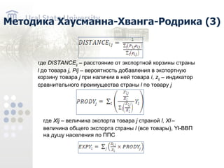 Методика Хаусманна-Хванга-Родрика (3) где DISTANCE lj – расстояние от экспортной корзины страны l до товара j , Pij – вероятность добавления в экспортную корзину товара j при наличии в ней товара i , z l j – индикатор сравнительного преимущества страны l по товару j где Xlj – величина экспорта товара j страной l, Xl – величина общего экспорта страны l (все товары), Yl- ВВП на душу населения по ППС