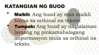 Example Ng Bbuod Sintesis at Buod, Report in Filipino.... | PPTX