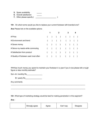 5. Spare availability _____
6. Overall satisfaction _____
7. Other please specify ( _____________________ )
10>. On what norms would you like to replace your current footwear with branded one?
Ans Please tick on the available options
1 2 3 4
# Price ( ) ( ) ( ) ( )
# Environment and trend ( ) ( ) ( ) ( )
# Saves money ( ) ( ) ( ) ( )
# Serve my needs while commuting ( ) ( ) ( ) ( )
# Satisfaction from product ( ) ( ) ( ) ( )
# Quality of footwear used most often ( ) ( ) ( ) ( )
11>How much money you spend to maintain your footwear in a year if you k now please tell a rough
figure or else monthly estimate?
Sol—A> monthly Rs________________
B> yearly Rs_________________
Any comments
____________________________________________________________________________
____________________________________________________________________________
12>. What type of marketing strategy would be best for making penetration in this segment?
Ans :
Strongly agree Agree Can’t say Disagree
 