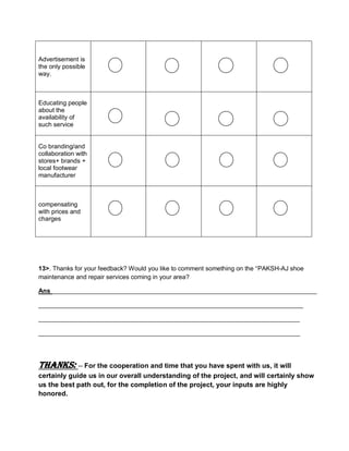 Advertisement is
the only possible
way.
Educating people
about the
availability of
such service
Co branding/and
collaboration with
stores+ brands +
local footwear
manufacturer
compensating
with prices and
charges
13>. Thanks for your feedback? Would you like to comment something on the ―PAKSH-AJ shoe
maintenance and repair services coming in your area?
Ans ____________________________________________________________________________
____________________________________________________________________________
___________________________________________________________________________
___________________________________________________________________________
Thanks: -- For the cooperation and time that you have spent with us, it will
certainly guide us in our overall understanding of the project, and will certainly show
us the best path out, for the completion of the project, your inputs are highly
honored.
 