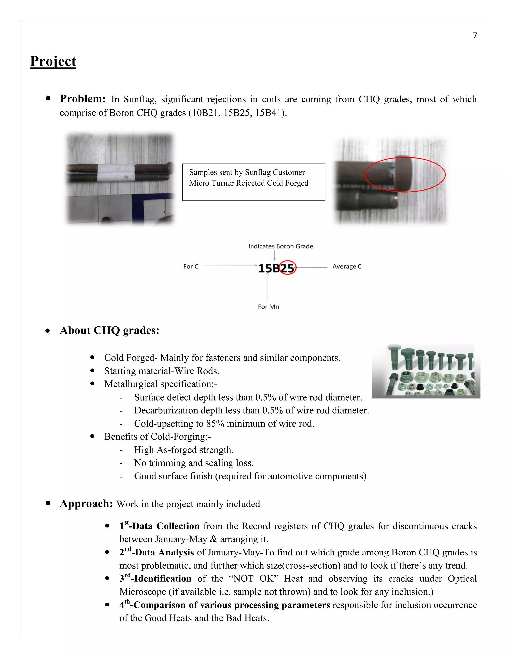 7


Project

   Problem: In Sunflag, significant rejections in coils are coming from CHQ grades, most of which
     comprise of Boron CHQ grades (10B21, 15B25, 15B41).




                                   Samples sent by Sunflag Customer
                                   Micro Turner Rejected Cold Forged




   About CHQ grades:

            Cold Forged- Mainly for fasteners and similar components.
            Starting material-Wire Rods.
            Metallurgical specification:-
                 - Surface defect depth less than 0.5% of wire rod diameter.
                 - Decarburization depth less than 0.5% of wire rod diameter.
                 - Cold-upsetting to 85% minimum of wire rod.
            Benefits of Cold-Forging:-
                 - High As-forged strength.
                 - No trimming and scaling loss.
                 - Good surface finish (required for automotive components)

   Approach: Work in the project mainly included
                1st-Data Collection from the Record registers of CHQ grades for discontinuous cracks
                 between January-May & arranging it.
                2nd-Data Analysis of January-May-To find out which grade among Boron CHQ grades is
                 most problematic, and further which size(cross-section) and to look if there’s any trend.
                3rd-Identification of the “NOT OK” Heat and observing its cracks under Optical
                 Microscope (if available i.e. sample not thrown) and to look for any inclusion.)
                4th-Comparison of various processing parameters responsible for inclusion occurrence
                 of the Good Heats and the Bad Heats.
 