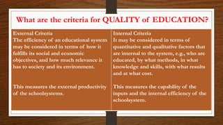 What are the criteria for QUALITY of EDUCATION?
External Criteria
The efficiency of an educational system
may be considered in terms of how it
fulfills its social and economic
objectives, and how much relevance it
has to society and its environment.
This measures the external productivity
of the schoolsystems.
Internal Criteria
It may be considered in terms of
quantitative and qualitative factors that
are internal to the system, e.g., who are
educated, by what methods, in what
knowledge and skills, with what results
and at what cost.
This measures the capability of the
inputs and the internal efficiency of the
schoolsystem.
 