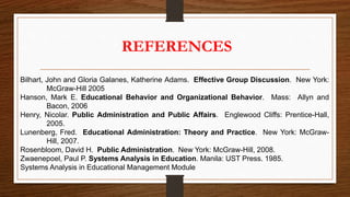 REFERENCES
Bilhart, John and Gloria Galanes, Katherine Adams. Effective Group Discussion. New York:
McGraw-Hill 2005
Hanson, Mark E. Educational Behavior and Organizational Behavior. Mass: Allyn and
Bacon, 2006
Henry, Nicolar. Public Administration and Public Affairs. Englewood Cliffs: Prentice-Hall,
2005.
Lunenberg, Fred. Educational Administration: Theory and Practice. New York: McGraw-
Hill, 2007.
Rosenbloom, David H. Public Administration. New York: McGraw-Hill, 2008.
Zwaenepoel, Paul P. Systems Analysis in Education. Manila: UST Press. 1985.
Systems Analysis in Educational Management Module
 