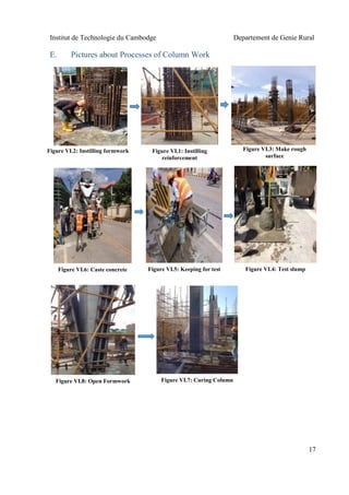 Institut de Technologie du Cambodge Departement de Genie Rural
17
E. Pictures about Processes of Column Work
Figure VI.3: Make rough
surface
Figure VI.1: Instilling
reinforcement
Figure VI.2: Instilling formwork
Figure VI.6: Caste concrete Figure VI.5: Keeping for test Figure VI.4: Test slump
Figure VI.8: Open Formwork Figure VI.7: Curing Column
 