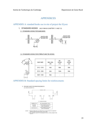 Institut de Technologie du Cambodge Departement de Genie Rural
24
APPENDICES
APPENDIX A: standard hooks use in site of project the Elysee
APPENDIX B: Standard spacing limits for reinforcements
 