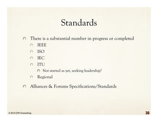 Standards
  There is a substantial number in progress or completed
  IEEE
  ISO
  IEC
  ITU
  Not started as yet, seeking leadership?
  Regional
  Alliances & Forums Specifications/Standards
© 2015 JVE Consulting 36
 