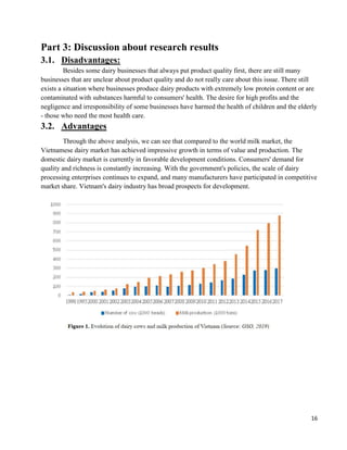 16
Part 3: Discussion about research results
3.1. Disadvantages:
Besides some dairy businesses that always put product quality first, there are still many
businesses that are unclear about product quality and do not really care about this issue. There still
exists a situation where businesses produce dairy products with extremely low protein content or are
contaminated with substances harmful to consumers' health. The desire for high profits and the
negligence and irresponsibility of some businesses have harmed the health of children and the elderly
- those who need the most health care.
3.2. Advantages
Through the above analysis, we can see that compared to the world milk market, the
Vietnamese dairy market has achieved impressive growth in terms of value and production. The
domestic dairy market is currently in favorable development conditions. Consumers' demand for
quality and richness is constantly increasing. With the government's policies, the scale of dairy
processing enterprises continues to expand, and many manufacturers have participated in competitive
market share. Vietnam's dairy industry has broad prospects for development.
 