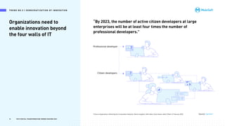 “By 2023, the number of active citizen developers at large
enterprises will be at least four times the number of
professional developers.”
Organizations need to
enable innovation beyond
the four walls of IT
Source: Gartner*
Professional developer
Citizen developers
T R E N D N O .2 | D E M OC R AT I Z AT I O N O F I N N OVAT I O N
*Future of Applications: Delivering the Composable Enterprise, Dennis Gaughan, Yefim Natis, Gene Alvarez, Mark O’Neill, 11 February 2020
16 TOP 8 DIGITAL TRANSFORMATION TRENDS SHAPING 2021
 