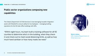 Public sector organizations composing new
capabilities
Kevin Jones,
CIO, Indiana Department of
Child Services
25 TOP 8 DIGITAL TRANSFORMATION TRENDS SHAPING 2021
“Within eight hours, my team built a tracking software for all 92
counties to determine who’s in the building, when they check-
in and check out to meet social distancing limits, as well as how
much hand sanitizer or how many masks we need.”
The Indiana Department of Child Services is now leveraging reusable integration
assets with MuleSoft to ensure safety for its employees — managing building
operations for the 92 state office buildings with APIs.
T R E N D N O .3 | CO M P O S A B L E E N T E R P R I S E
 