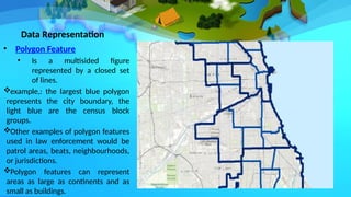 Data Representation
• Polygon Feature
• Is a multisided figure
represented by a closed set
of lines.
example,: the largest blue polygon
represents the city boundary, the
light blue are the census block
groups.
Other examples of polygon features
used in law enforcement would be
patrol areas, beats, neighbourhoods,
or jurisdictions.
Polygon features can represent
areas as large as continents and as
small as buildings.
 
