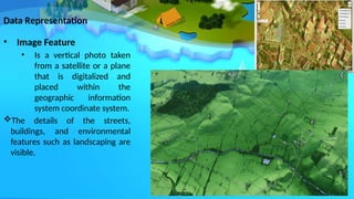 Data Representation
• Image Feature
• Is a vertical photo taken
from a satellite or a plane
that is digitalized and
placed within the
geographic information
system coordinate system.
The details of the streets,
buildings, and environmental
features such as landscaping are
visible.
 