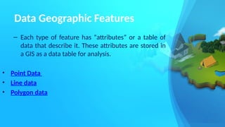 Data Geographic Features
– Each type of feature has “attributes” or a table of
data that describe it. These attributes are stored in
a GIS as a data table for analysis.
• Point Data
• Line data
• Polygon data
 