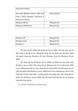 Datacenter Edition
Microsoft Windows Server 2003 Service
Pack 2 (SP2) Standard, Enterprise hoặc
Datacenter Edition
Hỗ trợ đầy đủ
Windows NT 4.0 Không hỗ trợ
Windows 2000 Server Không hỗ trợ
Windows XP Không hỗ trợ
Windows Vista Không hỗ trợ
Windows 7 Không hỗ trợ
Để nâng cấp lên phiên bản Windows Server 2008, cần phải chạy các hệ
điều hành ở cấp độ server. Không thể nâng cấp các phiên bản Windows dành
cho người dùng như Windows XP hoặc Windows Vista lên Windows Server
2008.
Để nâng cấp lên Windows Server 2008, hệ thống của bạn phải chạy
Windows Server 2003. Việc nâng cấp từ Windows NT 4.0 và Windows 2000
Server không được hỗ trợ. Việc nâng cấp từ những phiên bản Windows Server
2003 lên phiên bản Windows Server 2008 Server Core không được hỗ trợ. Việc
nâng cấp chỉ thực hiện được ở những phiên bản giống nhau. Khi nâng cấp lên
phiên bản Windows Server 2008, mọi cấu hình thiết lập, file và các chương
trình đều được giữ lại
IV. CÀI ĐẶT WINDOWS SERVER 2008
 