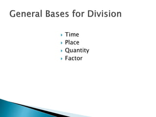  Time
 Place
 Quantity
 Factor
 