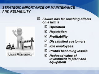 STRATEGIC IMPORTANCE OF MAINTENANCE
AND RELIABILITY
 Failure has far reaching effectsFailure has far reaching effects
on a firm’son a firm’s
 OperationOperation
 ReputationReputation
 ProfitabilityProfitability
 Dissatisfied customersDissatisfied customers
 Idle employeesIdle employees
 Profits becoming lossesProfits becoming losses
 Reduced value ofReduced value of
investment in plant andinvestment in plant and
equipmentequipment
 