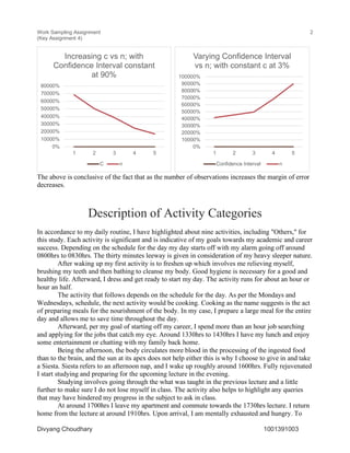Work Sampling Assignment
(Key Assignment 4)
2
Divyang Choudhary 1001391003
The above is conclusive of the fact that as the number of observations increases the margin of error
decreases.
Description of Activity Categories
In accordance to my daily routine, I have highlighted about nine activities, including "Others," for
this study. Each activity is significant and is indicative of my goals towards my academic and career
success. Depending on the schedule for the day my day starts off with my alarm going off around
0800hrs to 0830hrs. The thirty minutes leeway is given in consideration of my heavy sleeper nature.
After waking up my first activity is to freshen up which involves me relieving myself,
brushing my teeth and then bathing to cleanse my body. Good hygiene is necessary for a good and
healthy life. Afterward, I dress and get ready to start my day. The activity runs for about an hour or
hour an half.
The activity that follows depends on the schedule for the day. As per the Mondays and
Wednesdays, schedule, the next activity would be cooking. Cooking as the name suggests is the act
of preparing meals for the nourishment of the body. In my case, I prepare a large meal for the entire
day and allows me to save time throughout the day.
Afterward, per my goal of starting off my career, I spend more than an hour job searching
and applying for the jobs that catch my eye. Around 1330hrs to 1430hrs I have my lunch and enjoy
some entertainment or chatting with my family back home.
Being the afternoon, the body circulates more blood in the processing of the ingested food
than to the brain, and the sun at its apex does not help either this is why I choose to give in and take
a Siesta. Siesta refers to an afternoon nap, and I wake up roughly around 1600hrs. Fully rejuvenated
I start studying and preparing for the upcoming lecture in the evening.
Studying involves going through the what was taught in the previous lecture and a little
further to make sure I do not lose myself in class. The activity also helps to highlight any queries
that may have hindered my progress in the subject to ask in class.
At around 1700hrs I leave my apartment and commute towards the 1730hrs lecture. I return
home from the lecture at around 1910hrs. Upon arrival, I am mentally exhausted and hungry. To
0%
10000%
20000%
30000%
40000%
50000%
60000%
70000%
80000%
1 2 3 4 5
Increasing c vs n; with
Confidence Interval constant
at 90%
C n
0%
10000%
20000%
30000%
40000%
50000%
60000%
70000%
80000%
90000%
100000%
1 2 3 4 5
Varying Confidence Interval
vs n; with constant c at 3%
Confidence Interval n
 