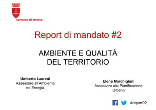 Report di mandato #2
#report02
AMBIENTE E QUALITÀ
DEL TERRITORIO
Elena Marchigiani
Assessore alla Pianificazione
Urbana
Umberto Laureni
Assessore all’Ambiente
ed Energia
 