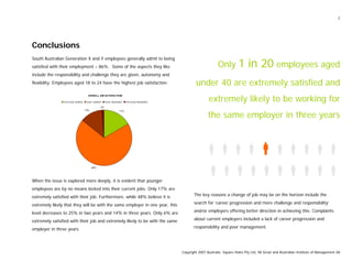 2
Conclusions
South Australian Generation X and Y employees generally admit to being
satisfied with their employment – 86%. Some of the aspects they like
include the responsibility and challenge they are given, autonomy and
flexibility. Employees aged 18 to 24 have the highest job satisfaction.
OVERALL JOB SATISFACTION
2%
13% 17%
68%
Extremely satisfied Quite satisfied Quite dissatisfied Extremely dissatisfied
When the issue is explored more deeply, it is evident that younger
employees are by no means locked into their current jobs. Only 17% are
extremely satisfied with their job. Furthermore, while 48% believe it is
extremely likely that they will be with the same employer in one year, this
level decreases to 25% in two years and 14% in three years. Only 6% are
extremely satisfied with their job and extremely likely to be with the same
employer in three years.
Only 1 in 20 employees aged
under 40 are extremely satisfied and
extremely likely to be working for
the same employer in three years
The key reasons a change of job may be on the horizon include the
search for ‘career progression and more challenge and responsibility’
and/or employers offering better direction in achieving this. Complaints
about current employers included a lack of career progression and
responsibility and poor management.
Copyright 2007 Australia Square Holes Pty Ltd, SA Great and Australian Institute of Management SA
 