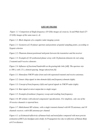 x
LIST OF FIGURE
Figure 1.1: Comparison of Single-frequency (35 GHz) images of a man (a, b) and Wide-band (27–
33 GHz) images of the same man (c, d)
Figure 1.2: Block diagram of a complete radar imaging system
Figure 2.1: Geometry of 2-D planar aperture and positions of spatial sampling points, according to
Nyquist criterion
Figure 2.2: Phantom element positioned mid-point between the transmitter and the receiver
Figure 2.3: Example of 2-D synthesized planar array with 16 phantom elements (in red, using
2 transmit and 8 receive elements .
Figure 2.4: Influence of fractional bandwidth on the grating/side lobe [dB]. The aperture size
is 100 λc with 2.5 λc element spacing. Image taken from [6].
Figure 3.1: Homodyne FMCW radar front-end with separated transmit and receive antennas.
Figure 3.2: Linear chirp signal in time-domain (left) and frequency-domain (right).
Figure 3.3: Concept of beat frequency (left) and typical signals in FMCW radar (right).
Figure 3.4: Beat signal at mixer output due to single target.
Figure 3.5: Example of nonlinear frequency sweep and resulting beat frequency.
Figure 3.6: RF-scheme with selected components' specifications. For simplicity, only one of the
10 receive channels is reported here.
Figure 3.7: Multichannel RF-scheme, with a single transmit channel with 60 TX antennas, and 10
channels receiver, with 6 RX antennas per channel.
Figure 4.1: a) Estimated reflectivity of human body and metal plate compared with more precise
estimation of RCS of a handgun and a knife; b) Propagation loss due to reflection of Human Body
at 0.5 m distance.
 