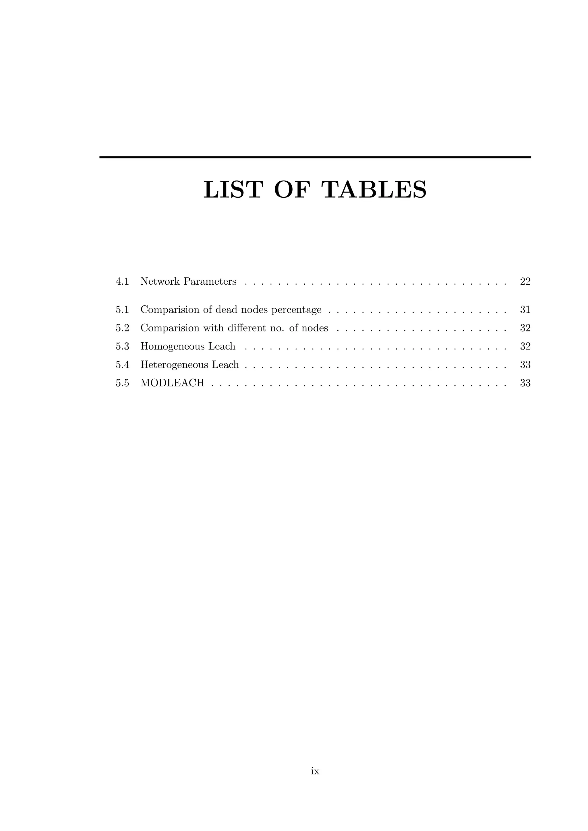 LIST OF TABLES 4.1 Network Parameters . . . . . . . . . . . . . . . . . . . . . . . . . . . . . . . . 22 5.1 Comparision of dead nodes percentage . . . . . . . . . . . . . . . . . . . . . . 31 5.2 Comparision with diﬀerent no. of nodes . . . . . . . . . . . . . . . . . . . . . 32 5.3 Homogeneous Leach . . . . . . . . . . . . . . . . . . . . . . . . . . . . . . . . 32 5.4 Heterogeneous Leach . . . . . . . . . . . . . . . . . . . . . . . . . . . . . . . . 33 5.5 MODLEACH . . . . . . . . . . . . . . . . . . . . . . . . . . . . . . . . . . . . 33 ix 