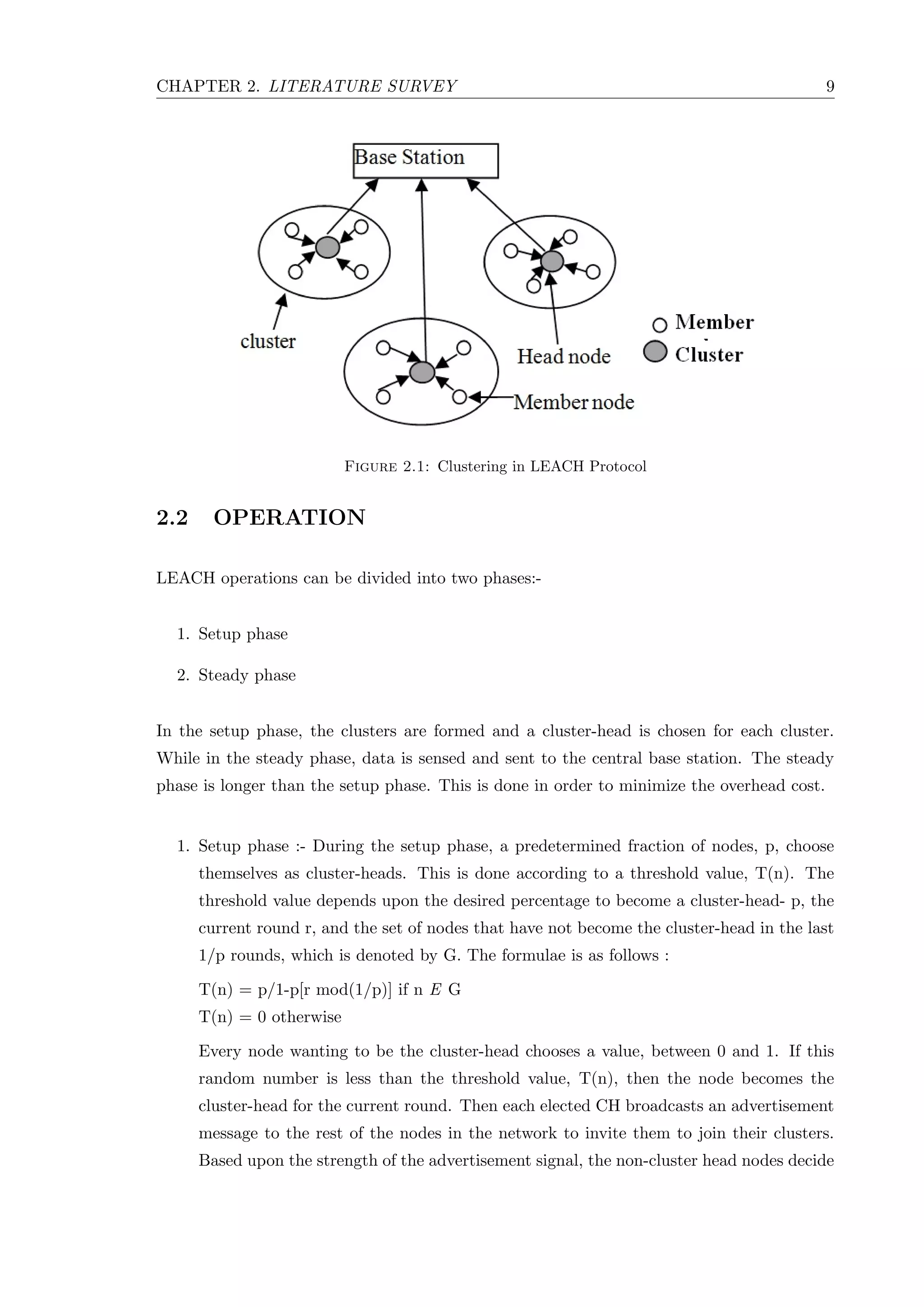 CHAPTER 2. LITERATURE SURVEY 9 Figure 2.1: Clustering in LEACH Protocol 2.2 OPERATION LEACH operations can be divided into two phases:- 1. Setup phase 2. Steady phase In the setup phase, the clusters are formed and a cluster-head is chosen for each cluster. While in the steady phase, data is sensed and sent to the central base station. The steady phase is longer than the setup phase. This is done in order to minimize the overhead cost. 1. Setup phase :- During the setup phase, a predetermined fraction of nodes, p, choose themselves as cluster-heads. This is done according to a threshold value, T(n). The threshold value depends upon the desired percentage to become a cluster-head- p, the current round r, and the set of nodes that have not become the cluster-head in the last 1/p rounds, which is denoted by G. The formulae is as follows : T(n) = p/1-p[r mod(1/p)] if n E G T(n) = 0 otherwise Every node wanting to be the cluster-head chooses a value, between 0 and 1. If this random number is less than the threshold value, T(n), then the node becomes the cluster-head for the current round. Then each elected CH broadcasts an advertisement message to the rest of the nodes in the network to invite them to join their clusters. Based upon the strength of the advertisement signal, the non-cluster head nodes decide 