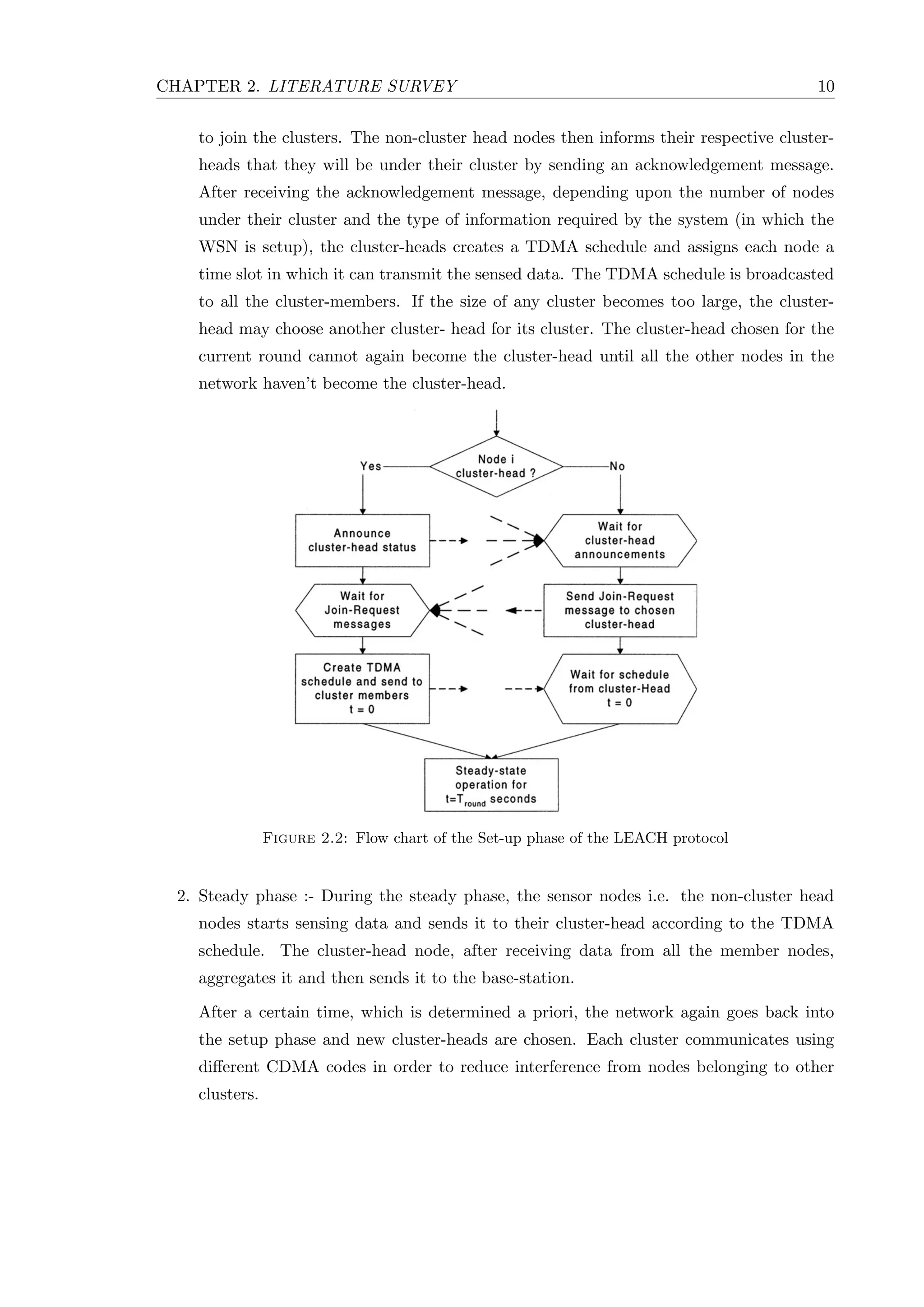 CHAPTER 2. LITERATURE SURVEY 10 to join the clusters. The non-cluster head nodes then informs their respective cluster- heads that they will be under their cluster by sending an acknowledgement message. After receiving the acknowledgement message, depending upon the number of nodes under their cluster and the type of information required by the system (in which the WSN is setup), the cluster-heads creates a TDMA schedule and assigns each node a time slot in which it can transmit the sensed data. The TDMA schedule is broadcasted to all the cluster-members. If the size of any cluster becomes too large, the cluster- head may choose another cluster- head for its cluster. The cluster-head chosen for the current round cannot again become the cluster-head until all the other nodes in the network haven’t become the cluster-head. Figure 2.2: Flow chart of the Set-up phase of the LEACH protocol 2. Steady phase :- During the steady phase, the sensor nodes i.e. the non-cluster head nodes starts sensing data and sends it to their cluster-head according to the TDMA schedule. The cluster-head node, after receiving data from all the member nodes, aggregates it and then sends it to the base-station. After a certain time, which is determined a priori, the network again goes back into the setup phase and new cluster-heads are chosen. Each cluster communicates using diﬀerent CDMA codes in order to reduce interference from nodes belonging to other clusters. 