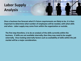 Labor Supply
Analysis
Once a business has forecast what it’s future requirements are likely to be, it is then
important to determine what number of employees will be needed, with what skills
and when. Labor supply may come from within the organization or outside.
The first step therefore, is to do an analysis of the skills currently within the
business. If skills are not available internally, then they may need to be sought
externally. Once looking externally factors such as availability of skills within the job
market will be a major consideration.
 